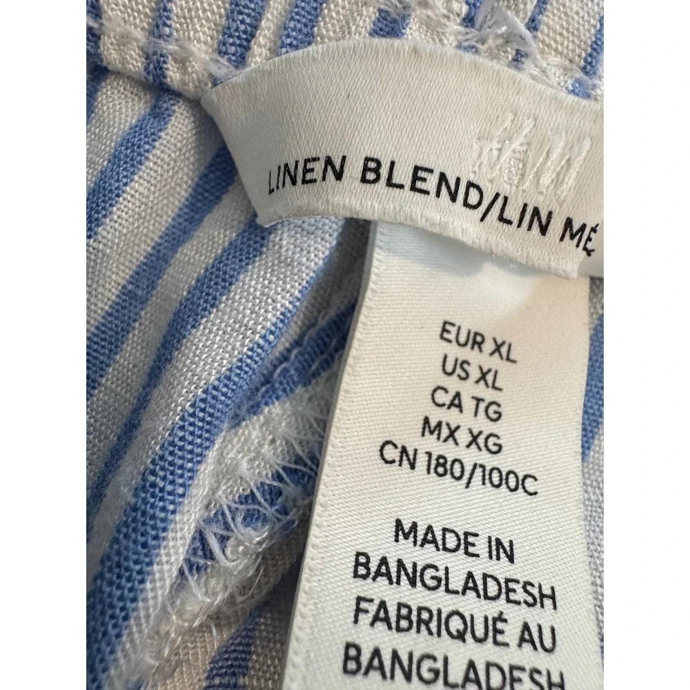H&M Linen Blend Striped Wide Leg Pants Womens XL Blue White Drawstring Coastal